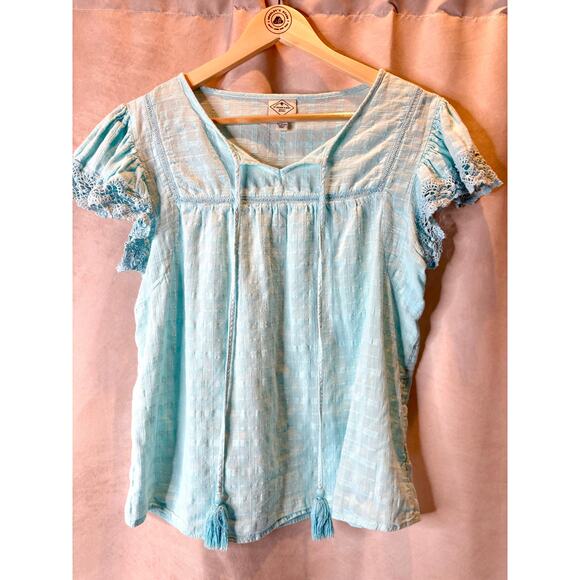 St John's Bay Blue Women's Blouse with knit sleeve detailing Size Medium - Picture 3 of 6